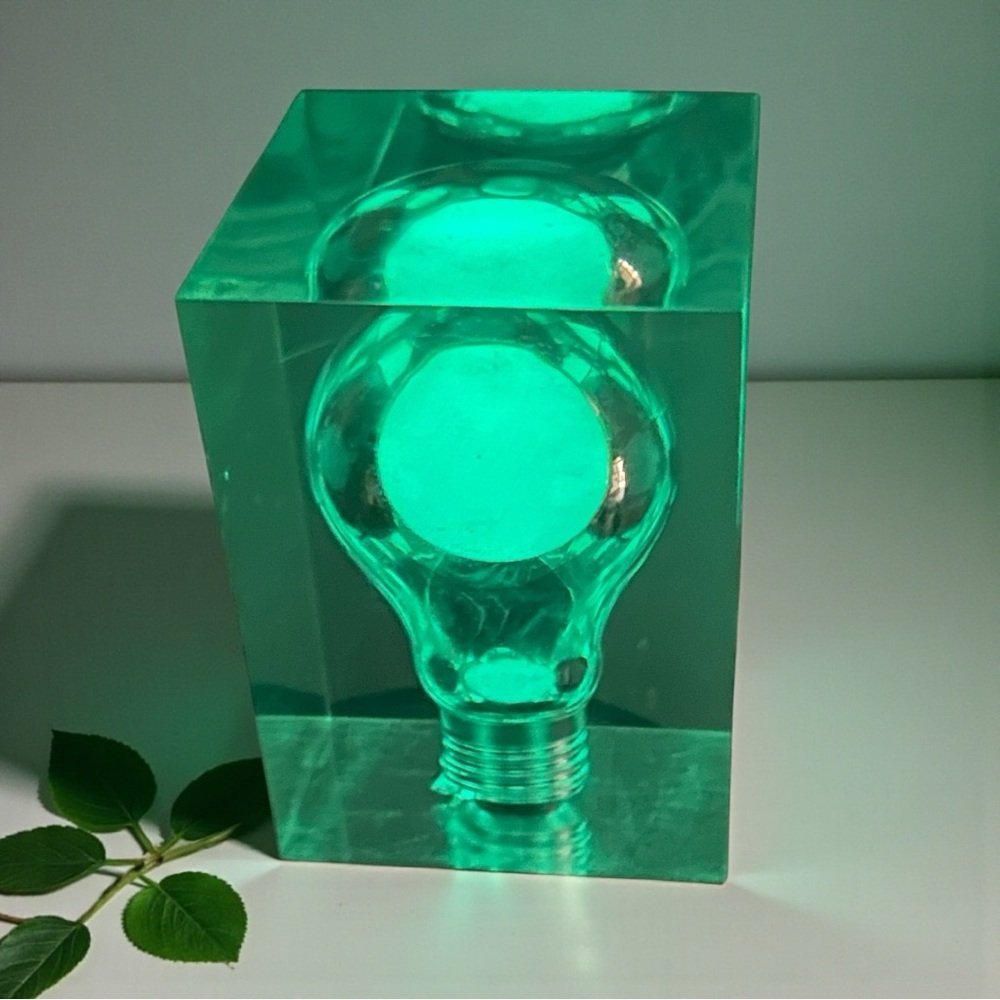 Vintage 1970s Pierre Giraudon Glow in Dark Acrylic Green Light Bulb Sculpture